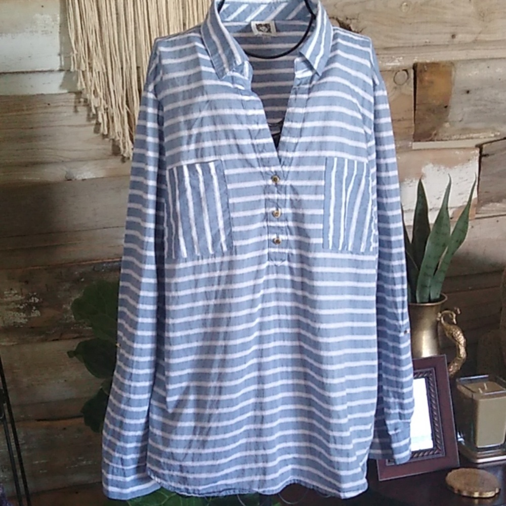 Anne Klein Striped Pullover Button Top Shirt - image 1